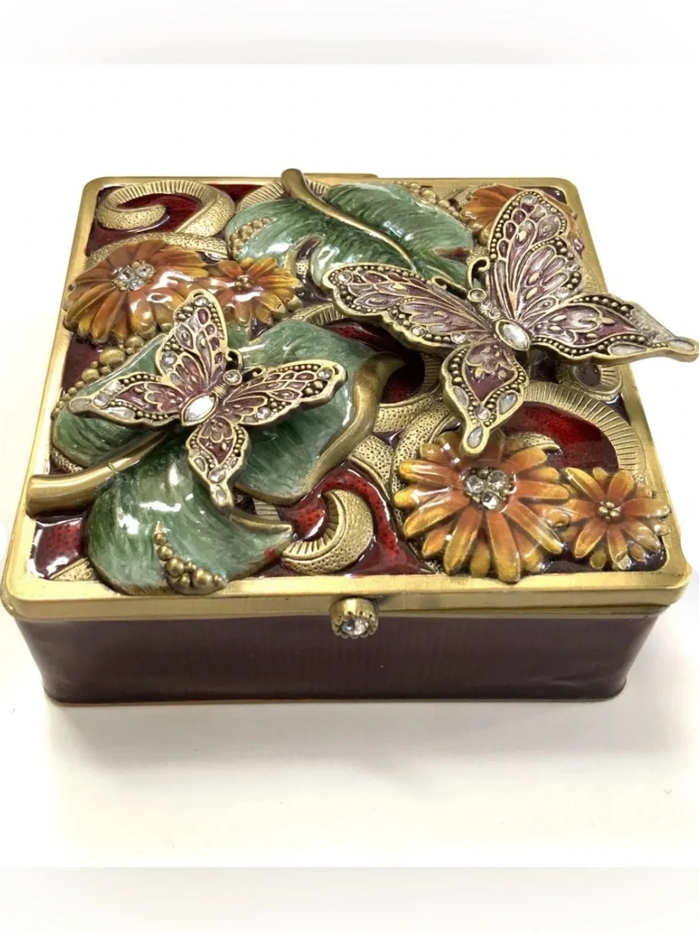 The Bombay Company Enameled Trinket Jewelry Box Mirror Velvet Interior Vintage